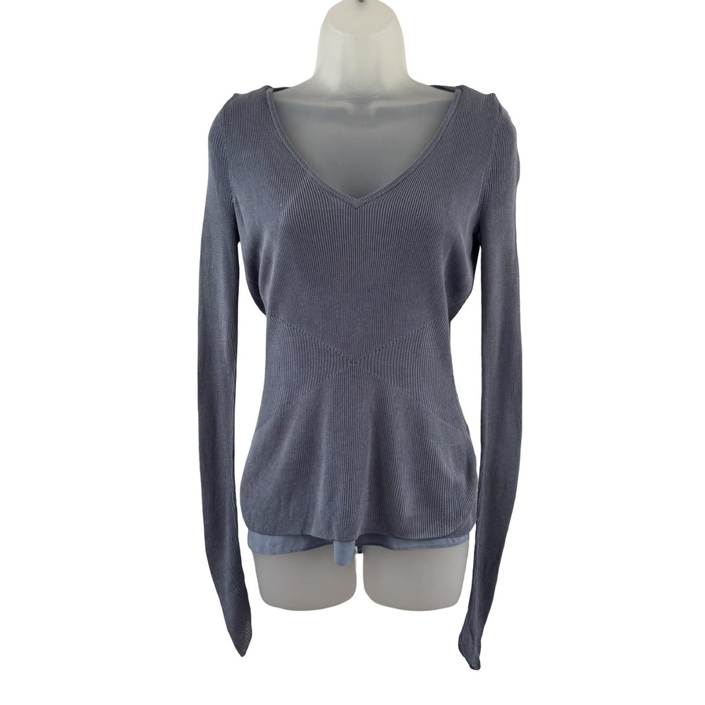 Ann Taylor Sweater Womens Small Blue V Neck Layered Hem Knit Pullover Top Y2K